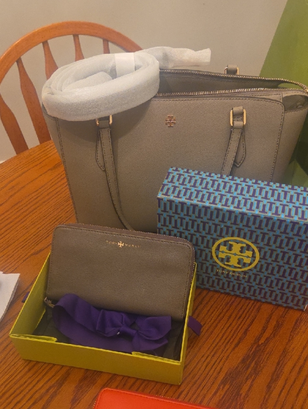 Tory Burch Taupe Saffiano Tote with Matching Wallet